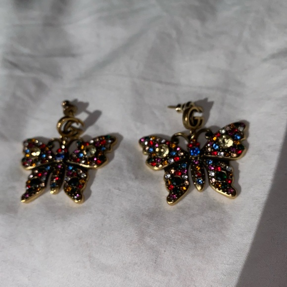 Gucci Retro Large Multicolor Crystal Butterfly Earrings, 925 Plated Gold, - Picture 5 of 5